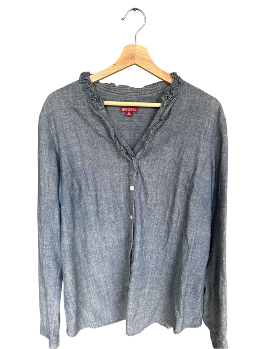 Merona Chambray Ruffle V-Neck Button Front Women's Shirt